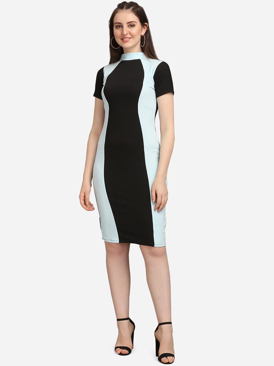 

PURVAJA Blue & Black Colourblocked Bodycon Dress
