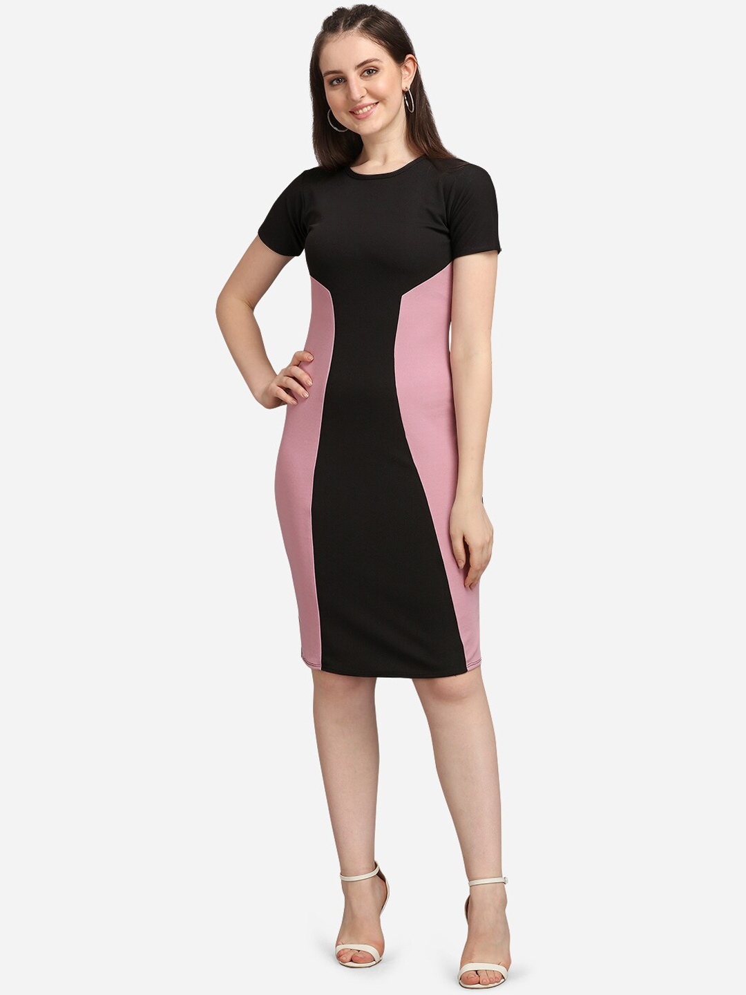

PURVAJA Black & Mauve Colourblocked Bodycon Dress