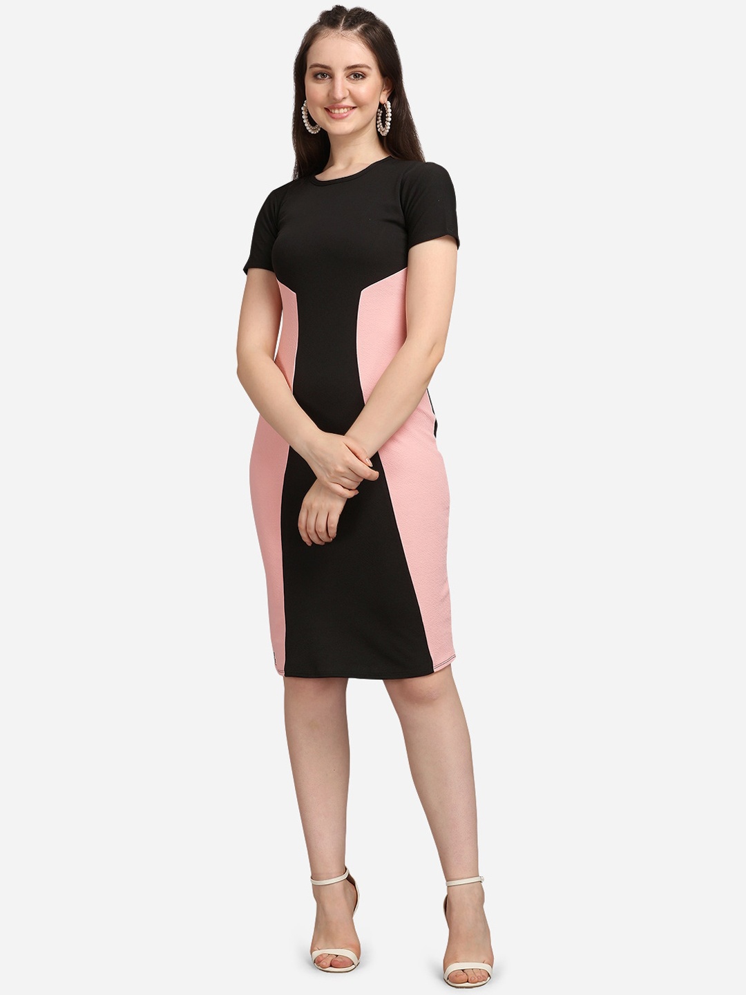 

PURVAJA Black & Pink Colourblocked Sheath Dress