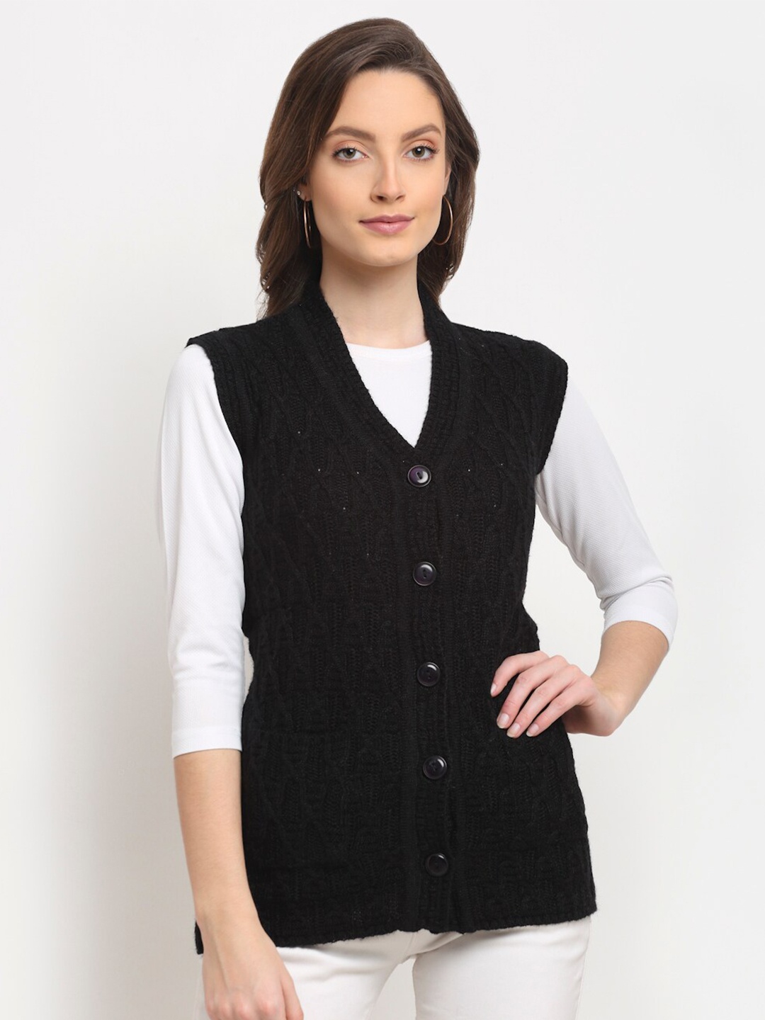 

VANYA Women Black Self Designed Cardigan Sweater