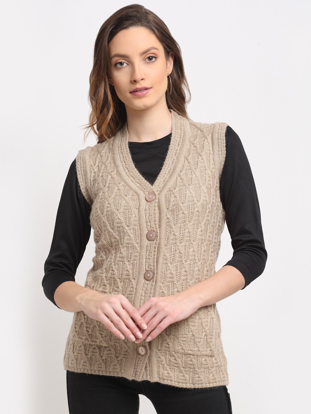

VANYA Women Beige Self Designed Cardigan Sweater