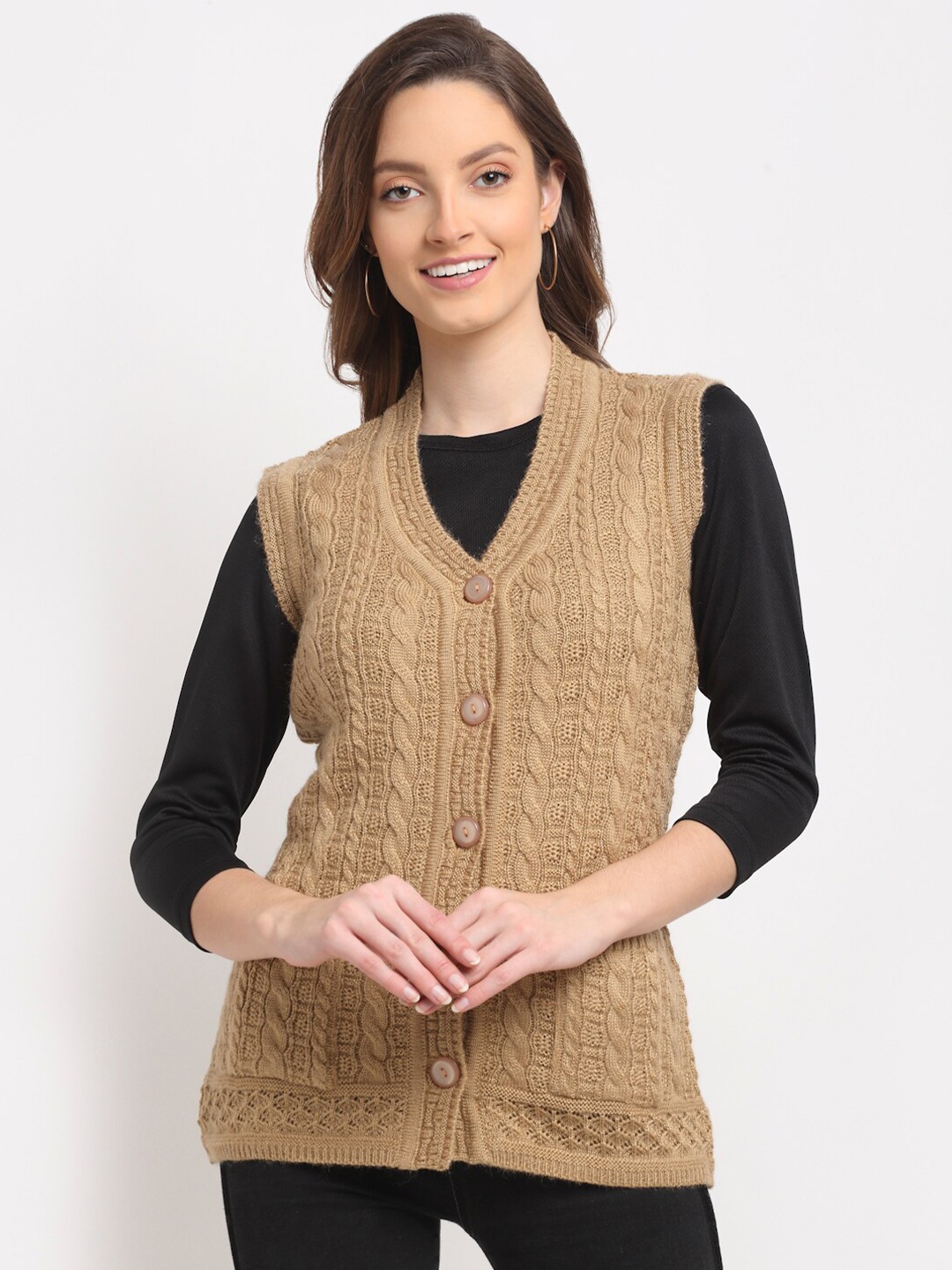 

VANYA Women Brown Cable Knit Cardigan Sweater