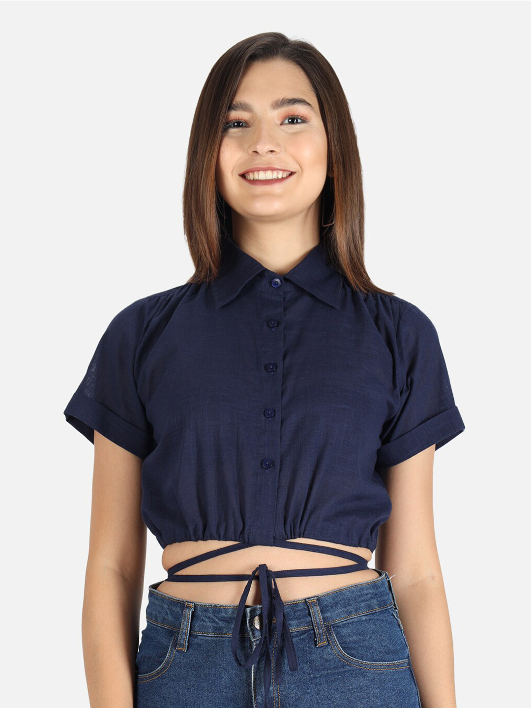 

Trend Arrest Women Navy Blue Shirt Style Crop Top