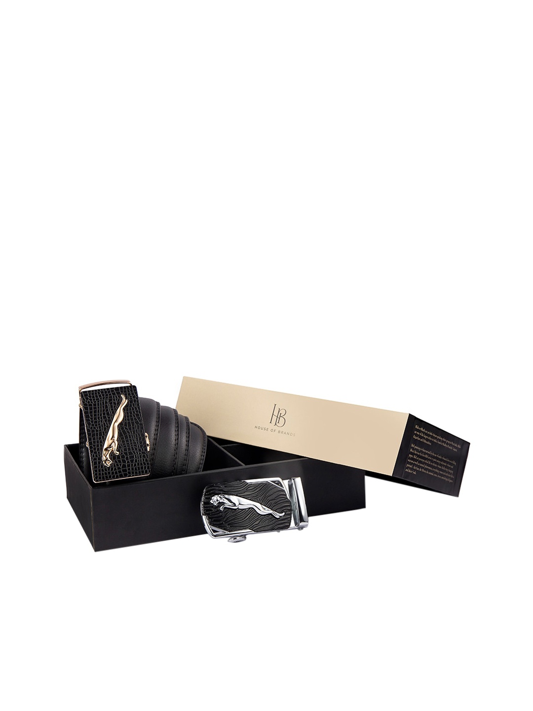 

BANGE Men Black & Silver Leather Formal Belt Accessory Gift Set