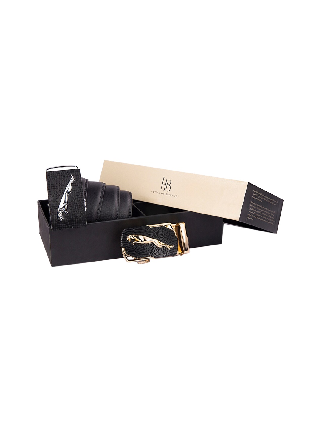

BANGE Men Black & Gold Leather Formal Belt Accessory Gift Set