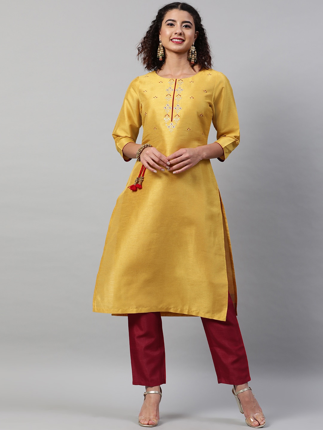 

STREET 9 Women Yellow & Maroon Floral Embroidered Regular Kurta With Trousers