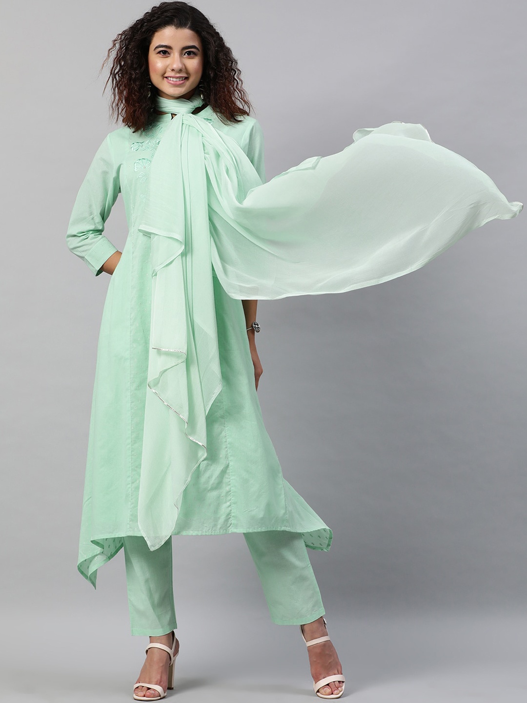 

STREET 9 Women Sea Green Embroidered Layered Pure Cotton Kurti with Trousers & Dupatta