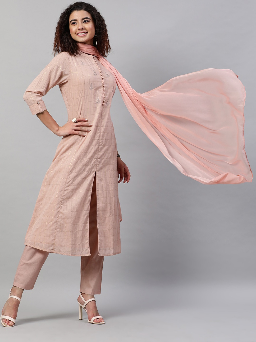 

STREET 9 Women Peach-Coloured Embroidered Dobby Pure Cotton Kurta with Trousers & Dupatta