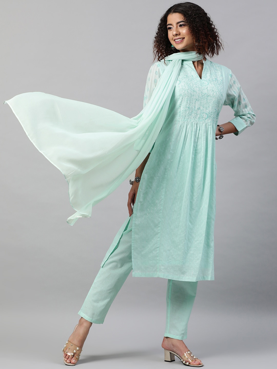 

STREET 9 Women Turquoise Blue Pleated Pure Cotton Kurta with Trousers & Dupatta