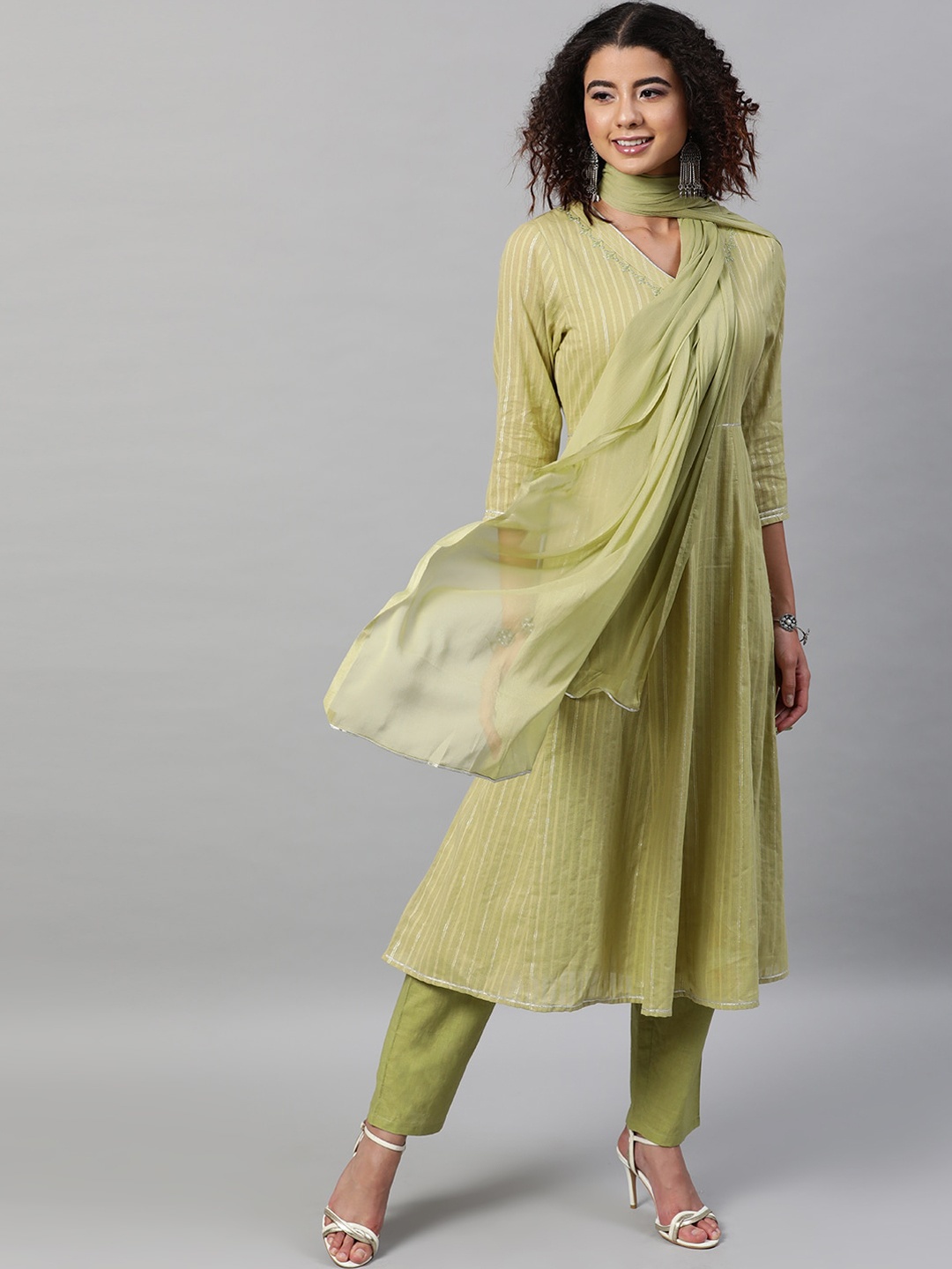 

STREET 9 Women Lime Green Striped Pleated Pure Cotton Kurta with Trousers