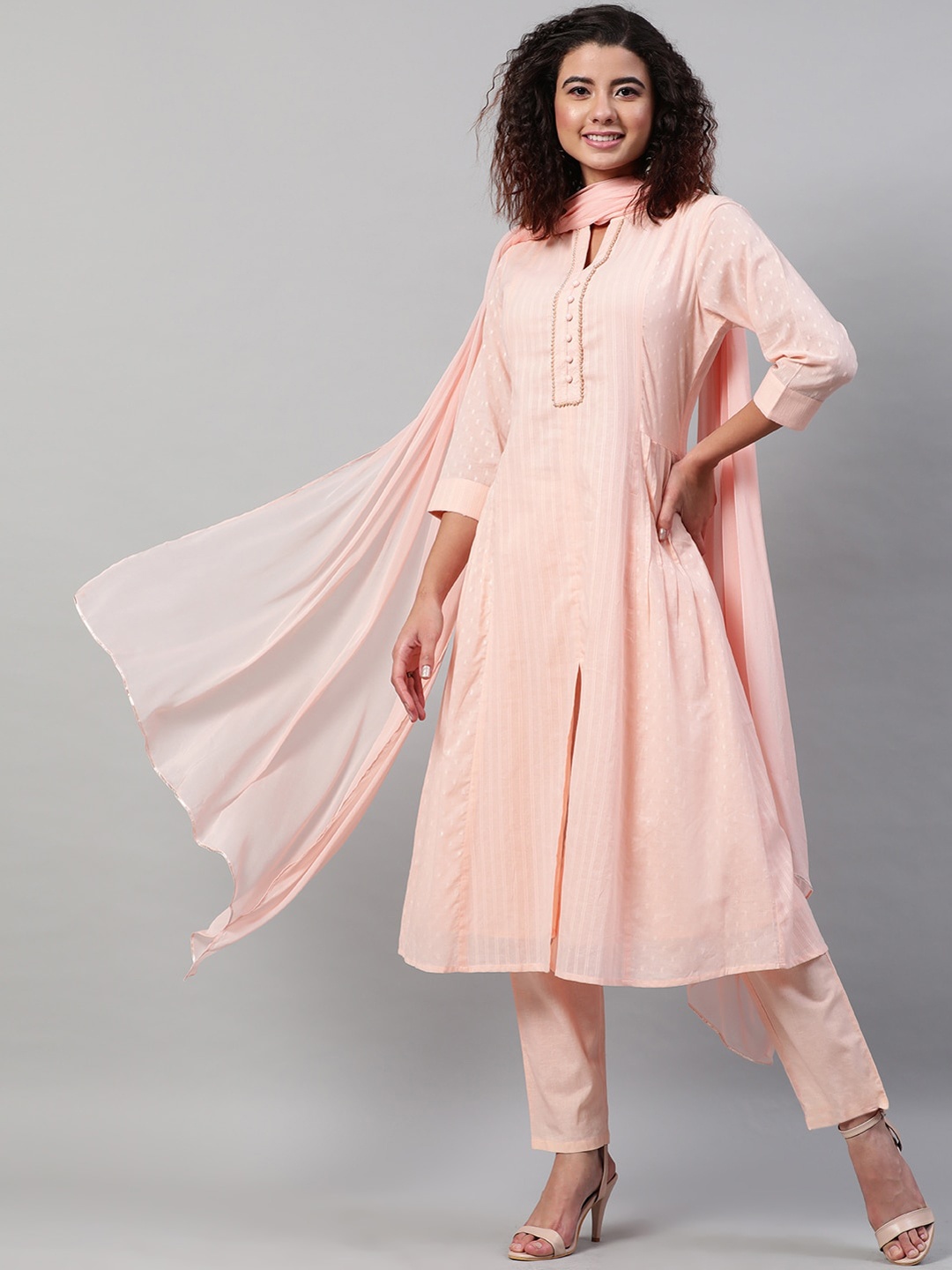 

STREET 9 Women Peach Striped Pure Cotton Kurta with Trousers & Dupatta