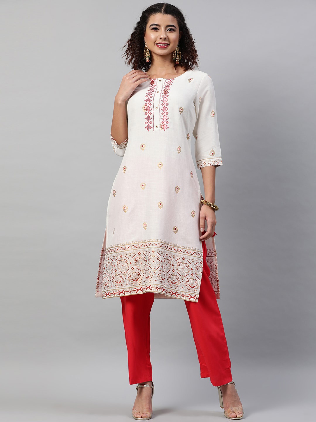 

STREET 9 Women White Floral Embroidered Regular Kurta with Trousers