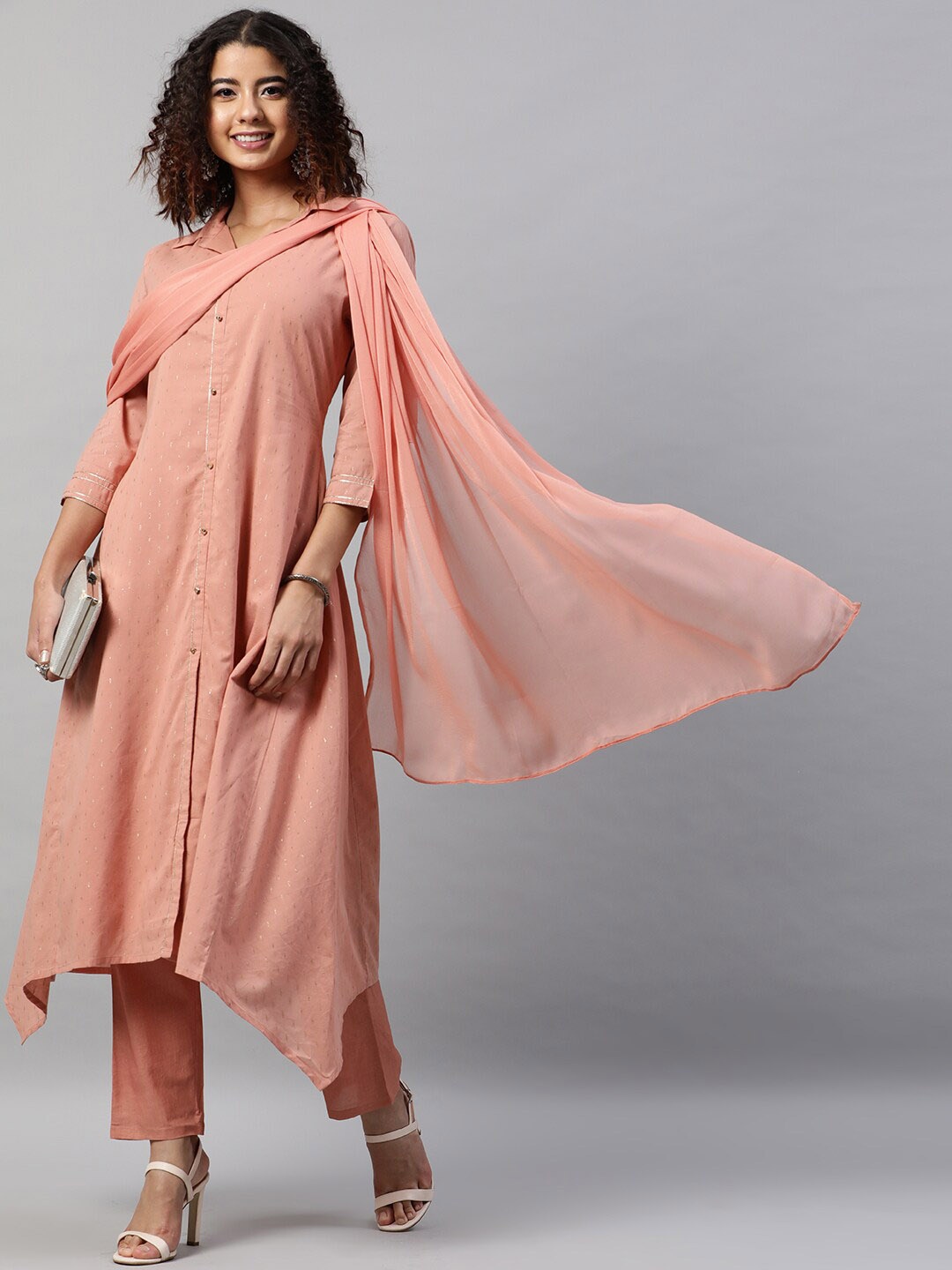 

STREET 9 Women Peach-Coloured Pure Cotton Kurta with Trousers & With Dupatta