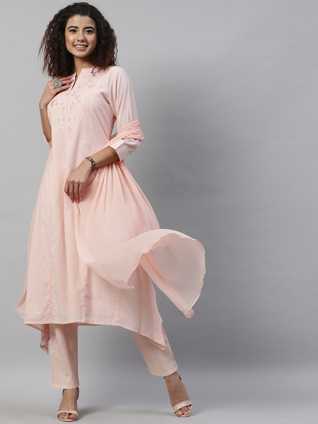 

STREET 9 Women Peach-Coloured Embroidered Dobby Pure Cotton Kurta With Trousers & Dupatta