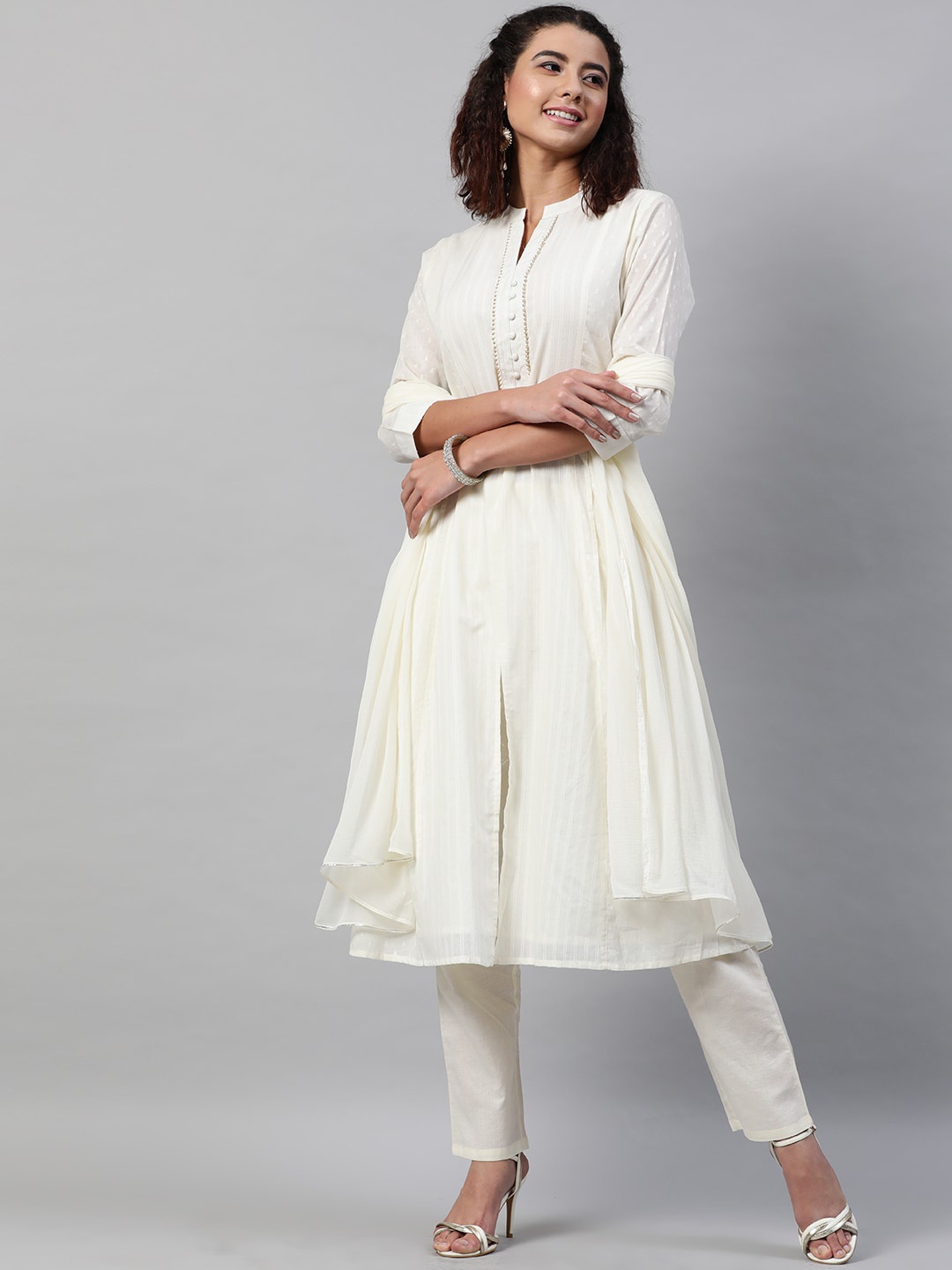 

STREET 9 Women Off White Panelled Pure Cotton Kurta with Trousers & With Dupatta