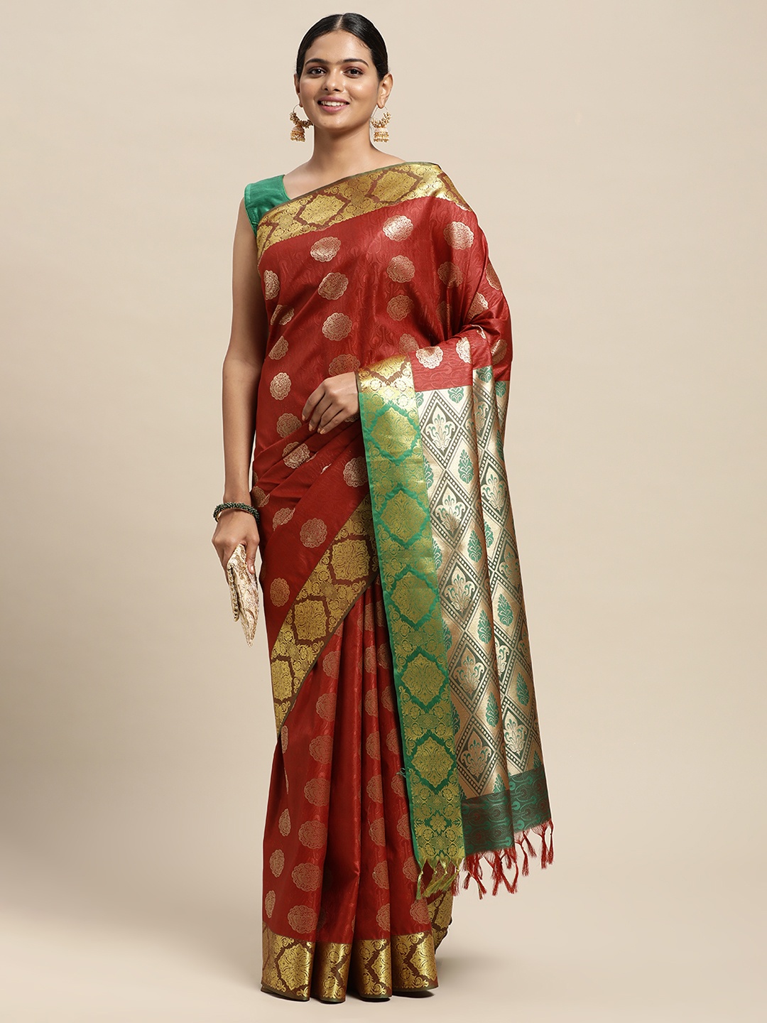 

Thara Sarees Red Ethnic Motifs Zari Art Silk Kanjeevaram Saree