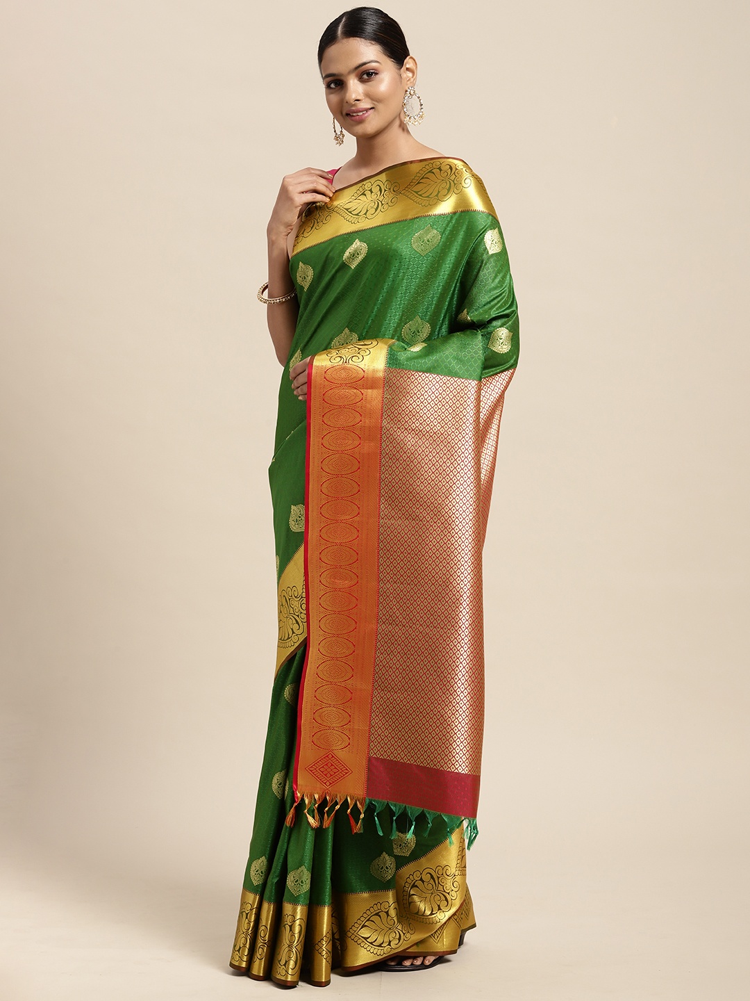 

Thara Sarees Green & Golden Ethnic Motifs Zari Art Silk Kanjeevaram Saree