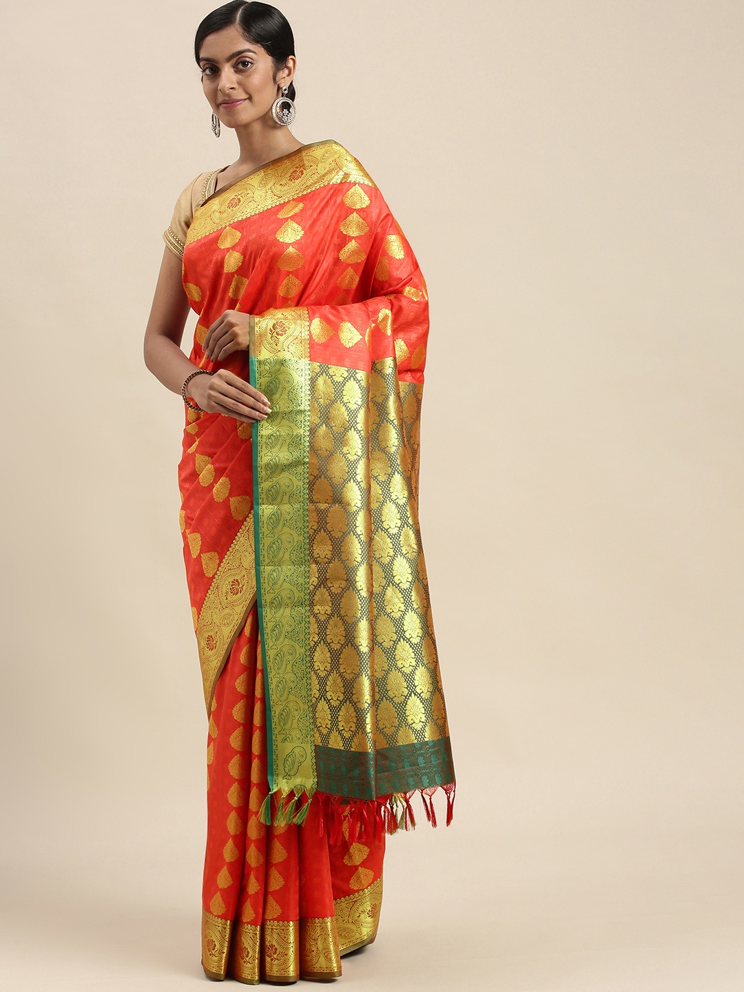 

Thara Sarees Orange & Golden Ethnic Motifs Zari Art Silk Kanjeevaram Saree