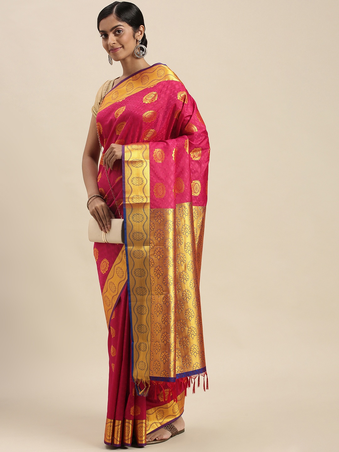 

Thara Sarees Pink & Golden Ethnic Motifs Zari Art Silk Kanjeevaram Saree
