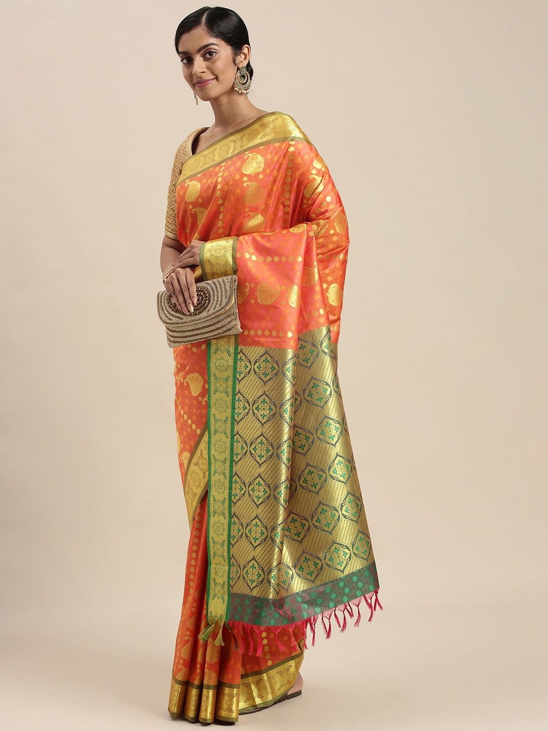 

Thara Sarees Orange & Golden Paisley Zari Art Silk Kanjeevaram Saree
