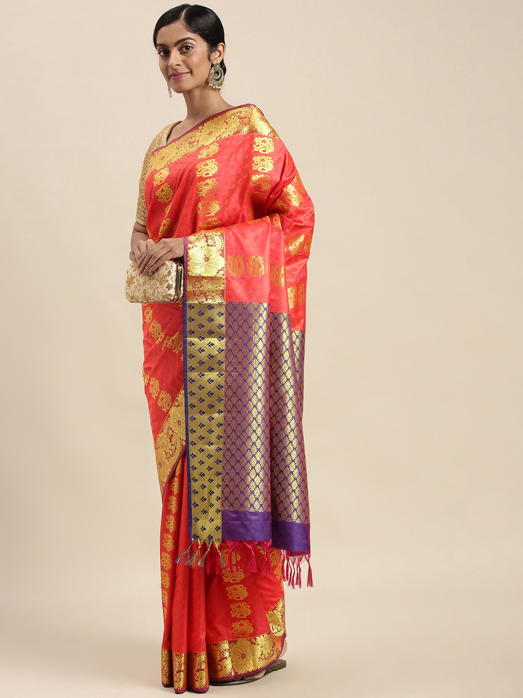

Thara Sarees Orange & Golden Ethnic Motifs Zari Art Silk Kanjeevaram Saree