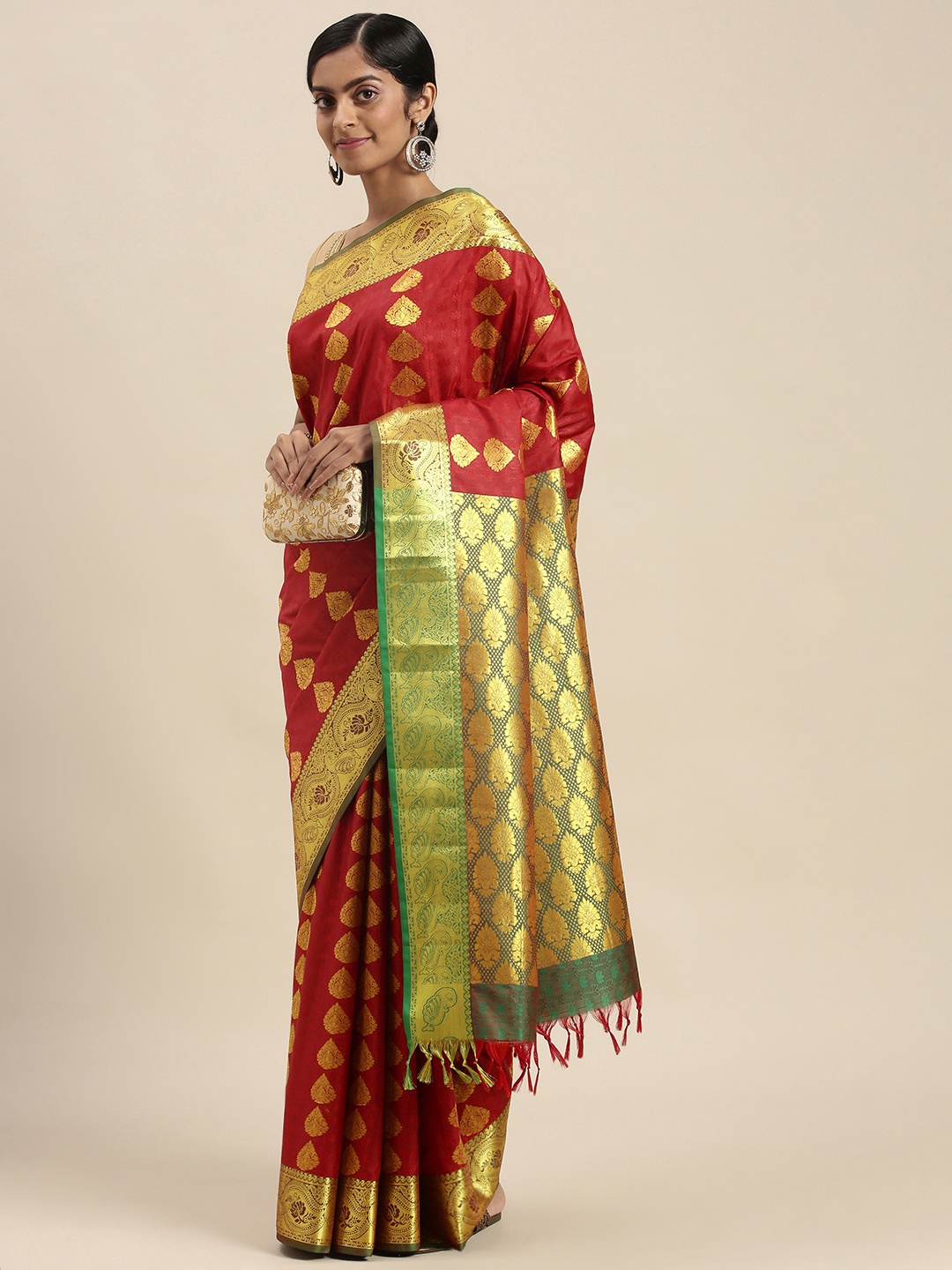 

Thara Sarees Red & Golden Ethnic Motifs Zari Art Silk Kanjeevaram Saree