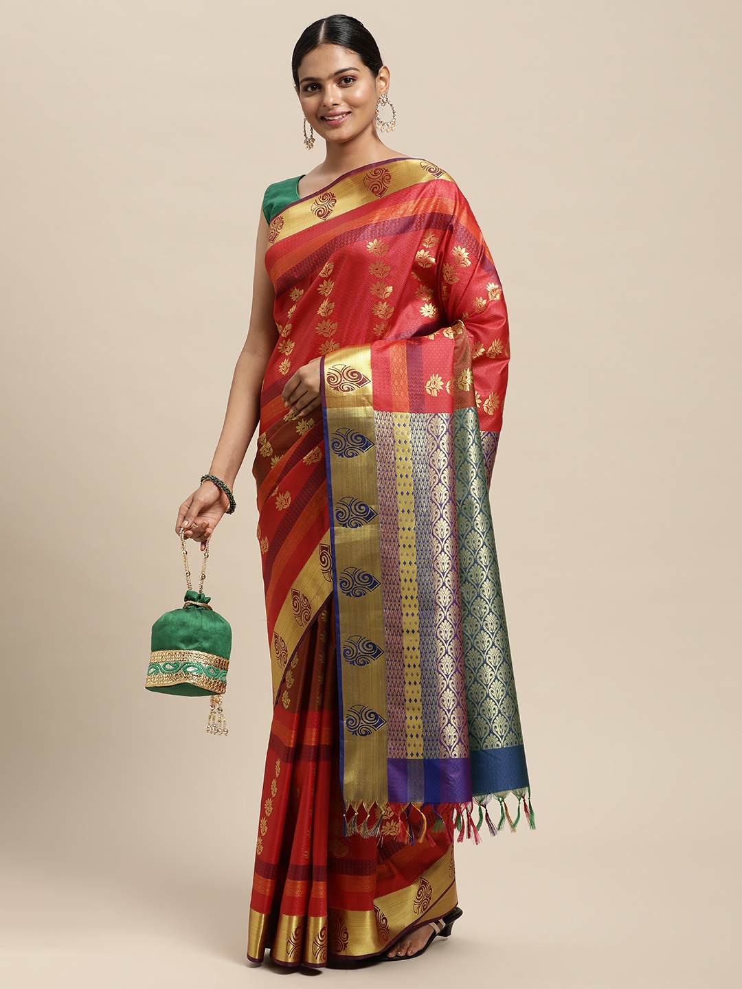 

Thara Sarees Red Ethnic Motifs Zari Art Silk Kanjeevaram Saree
