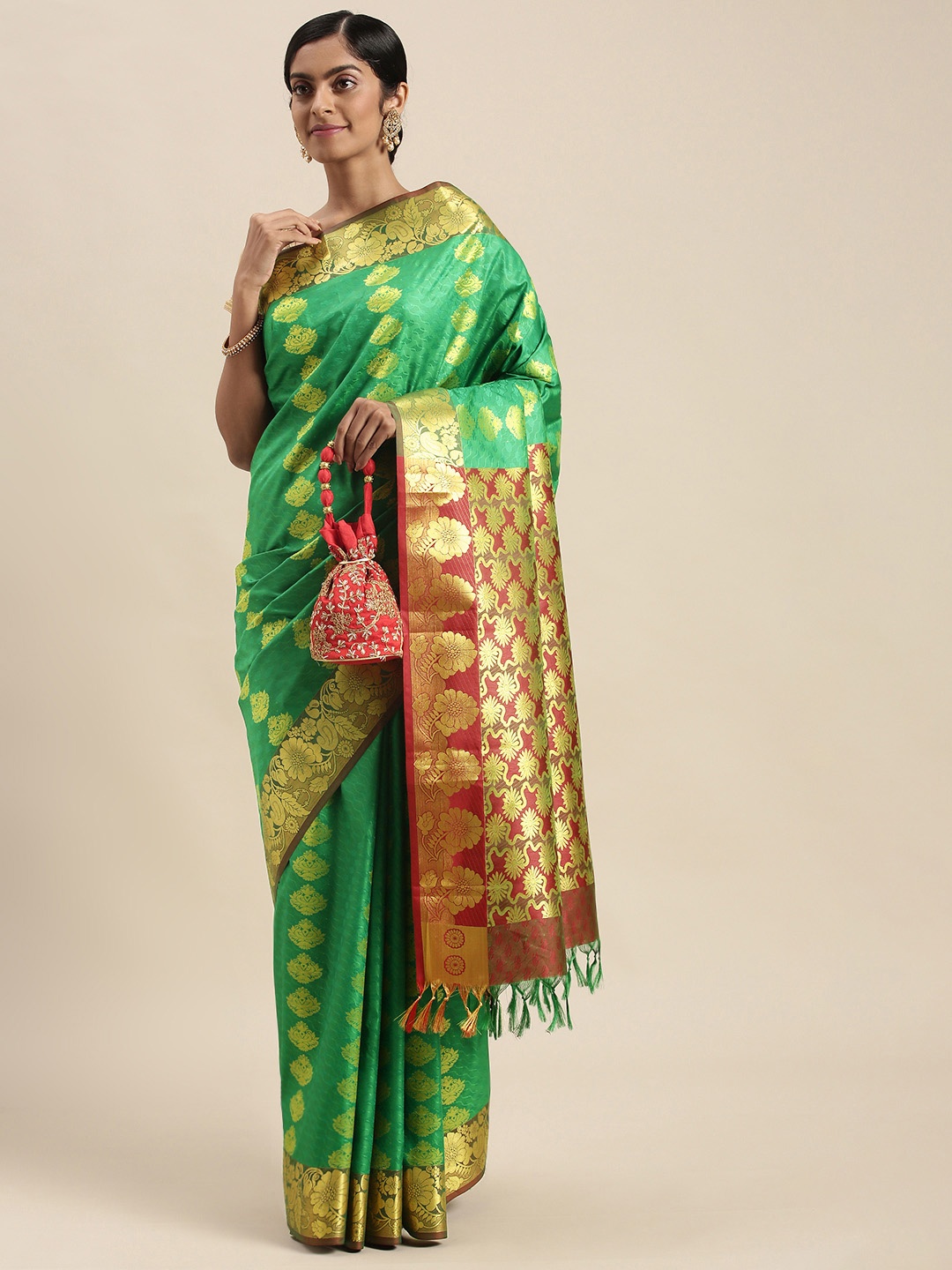 

Thara Sarees Green & Golden Ethnic Motifs Zari Art Silk Kanjeevaram Saree