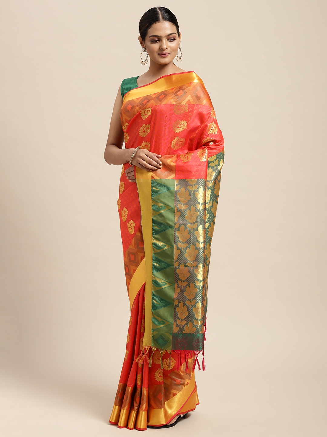 

Thara Sarees Peach-Coloured & Golden Ethnic Motifs Zari Art Silk Kanjeevaram Saree