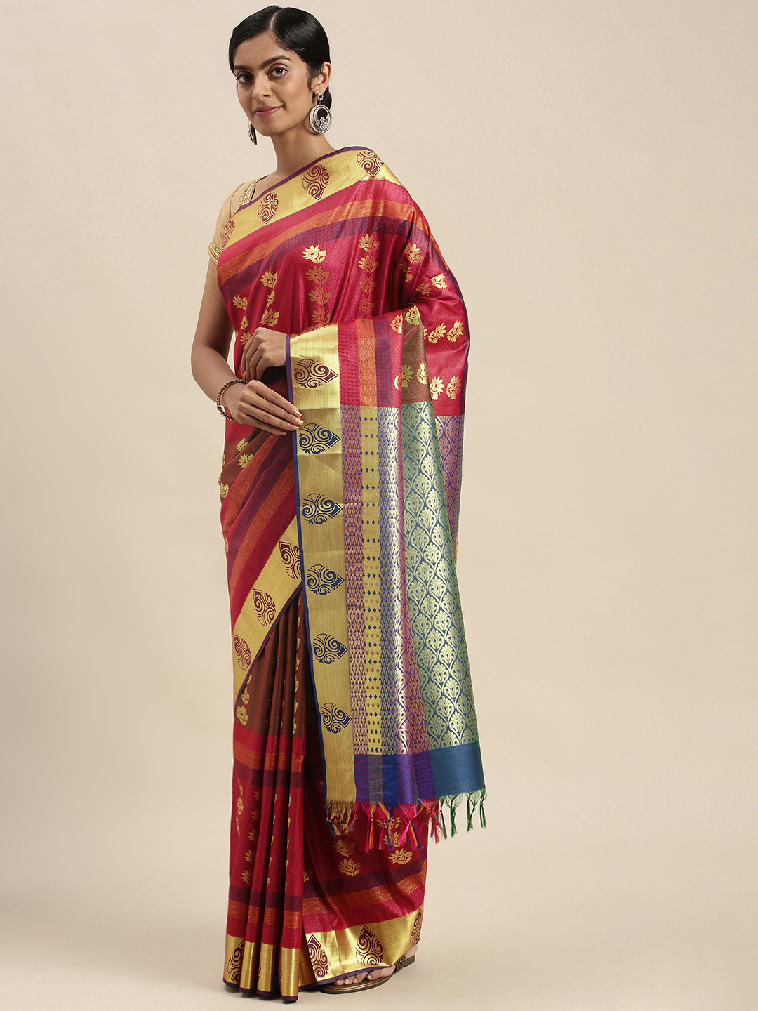 

Thara Sarees Maroon & Golden Ethnic Motifs Zari Art Silk Kanjeevaram Saree