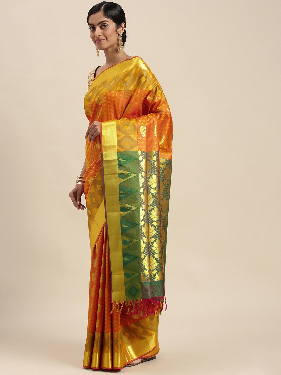 

Thara Sarees Orange & Golden Ethnic Motifs Zari Art Silk Kanjeevaram Saree