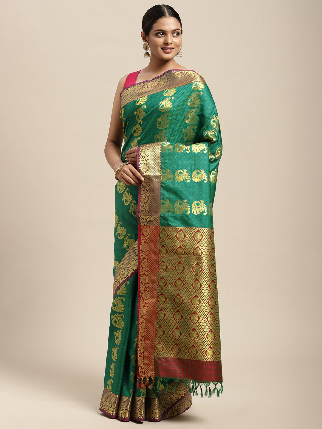 

Thara Sarees Teal Green & Golden Ethnic Motifs Zari Art Silk Kanjeevaram Saree
