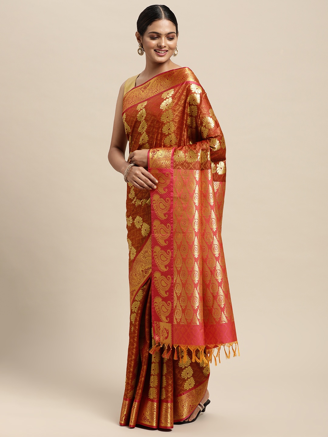 

Thara Sarees Brown Ethnic Motifs Zari Art Silk Kanjeevaram Saree