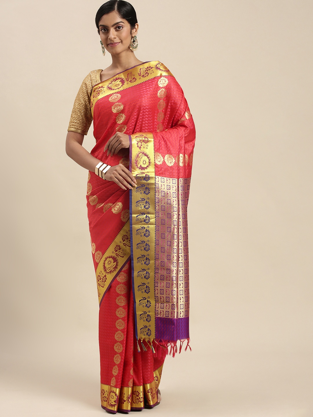 

Thara Sarees Pink & Golden Ethnic Motifs Zari Art Silk Kanjeevaram Saree