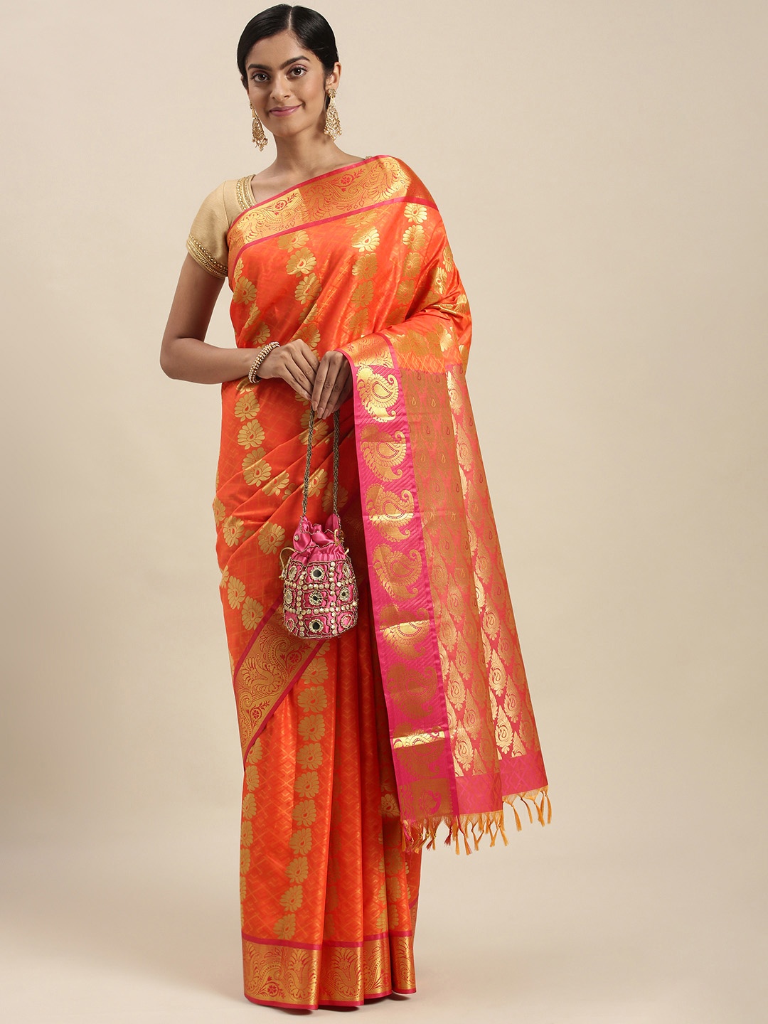 

Thara Sarees Orange & Golden Ethnic Motifs Zari Art Silk Kanjeevaram Saree
