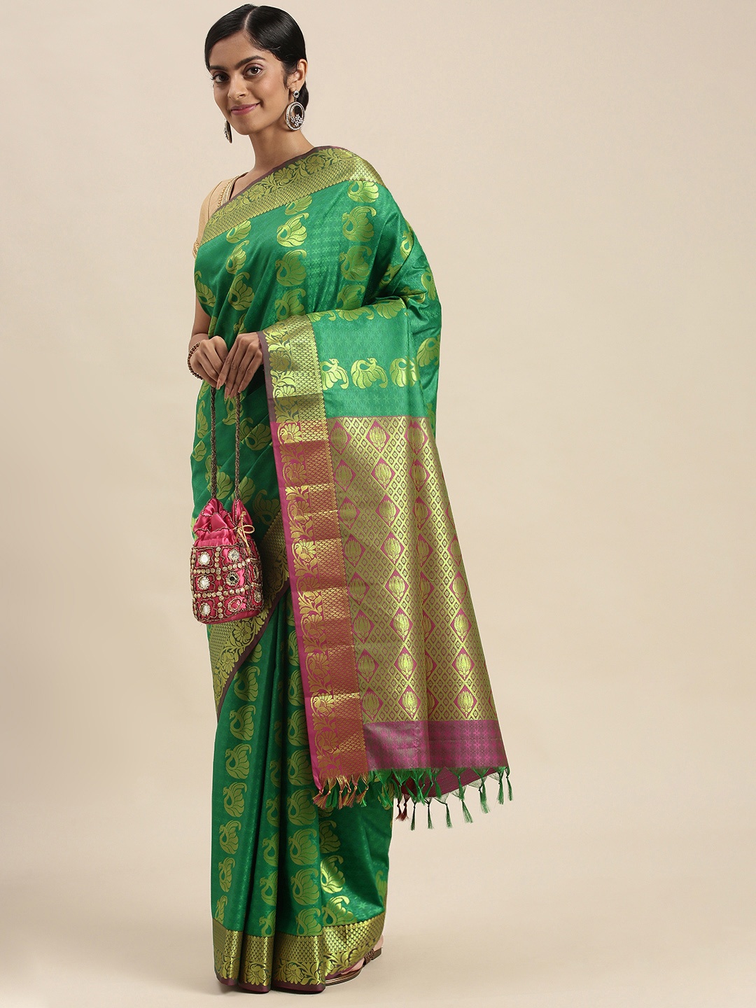 

Thara Sarees Green & Golden Ethnic Motifs Zari Art Silk Kanjeevaram Saree