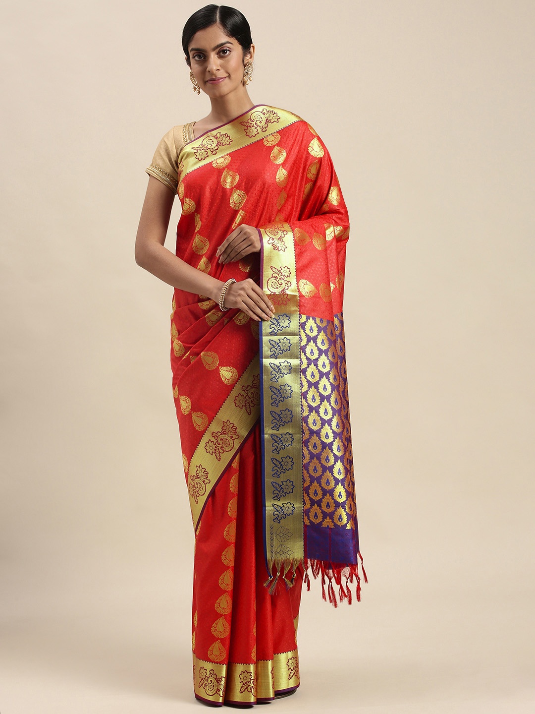 

Thara Sarees Orange & Golden Ethnic Motifs Zari Art Silk Kanjeevaram Saree