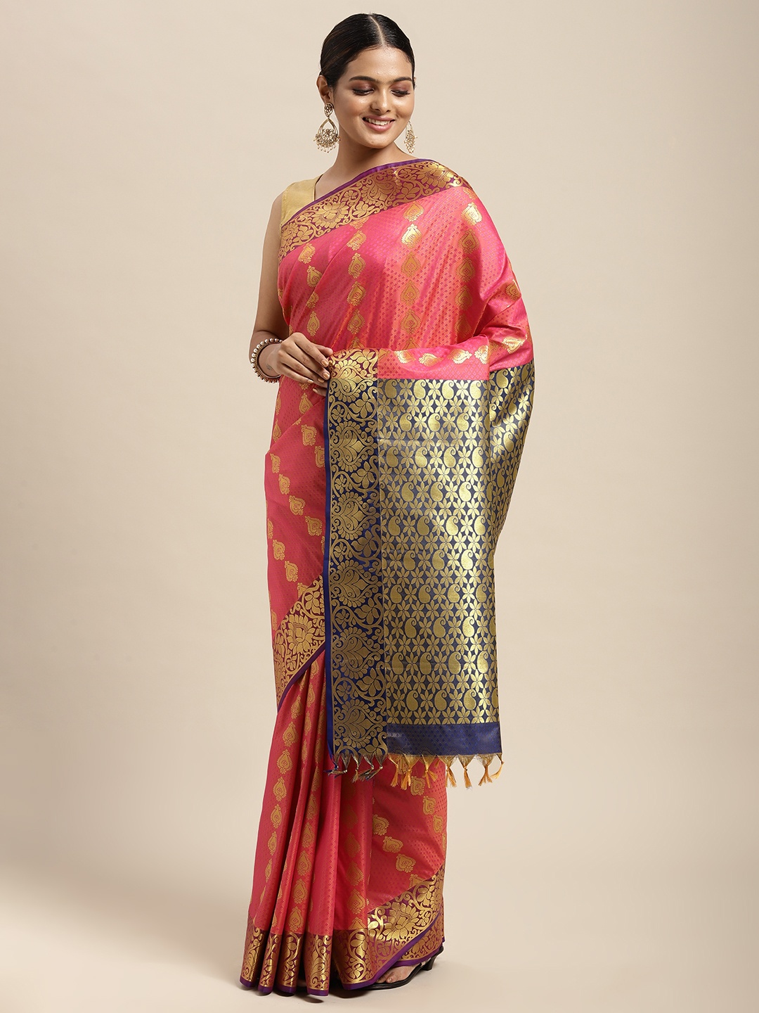 

Thara Sarees Pink & Golden Ethnic Motifs Zari Art Silk Kanjeevaram Saree