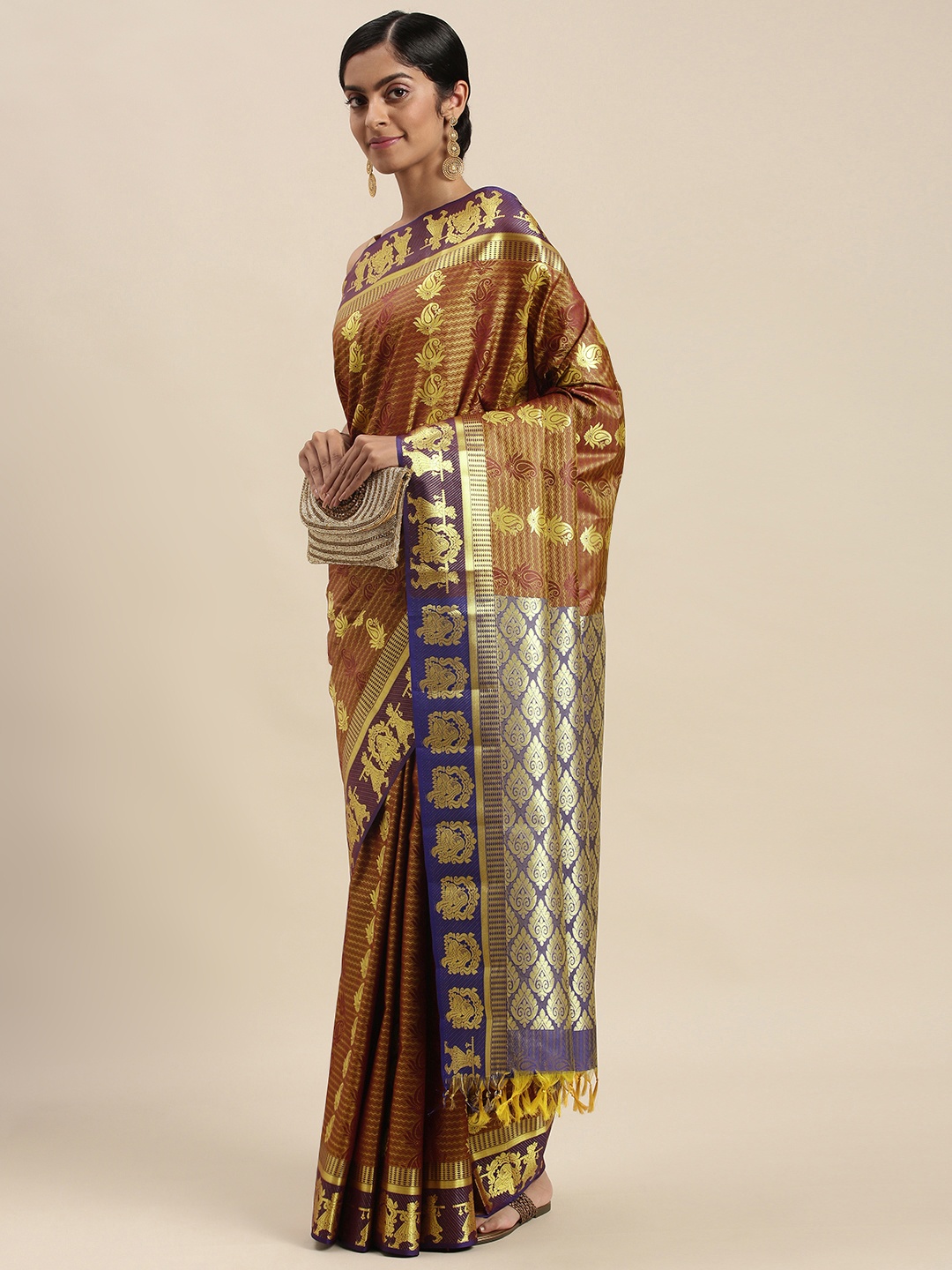 

Thara Sarees Brown & Golden Paisley Zari Art Silk Kanjeevaram Saree