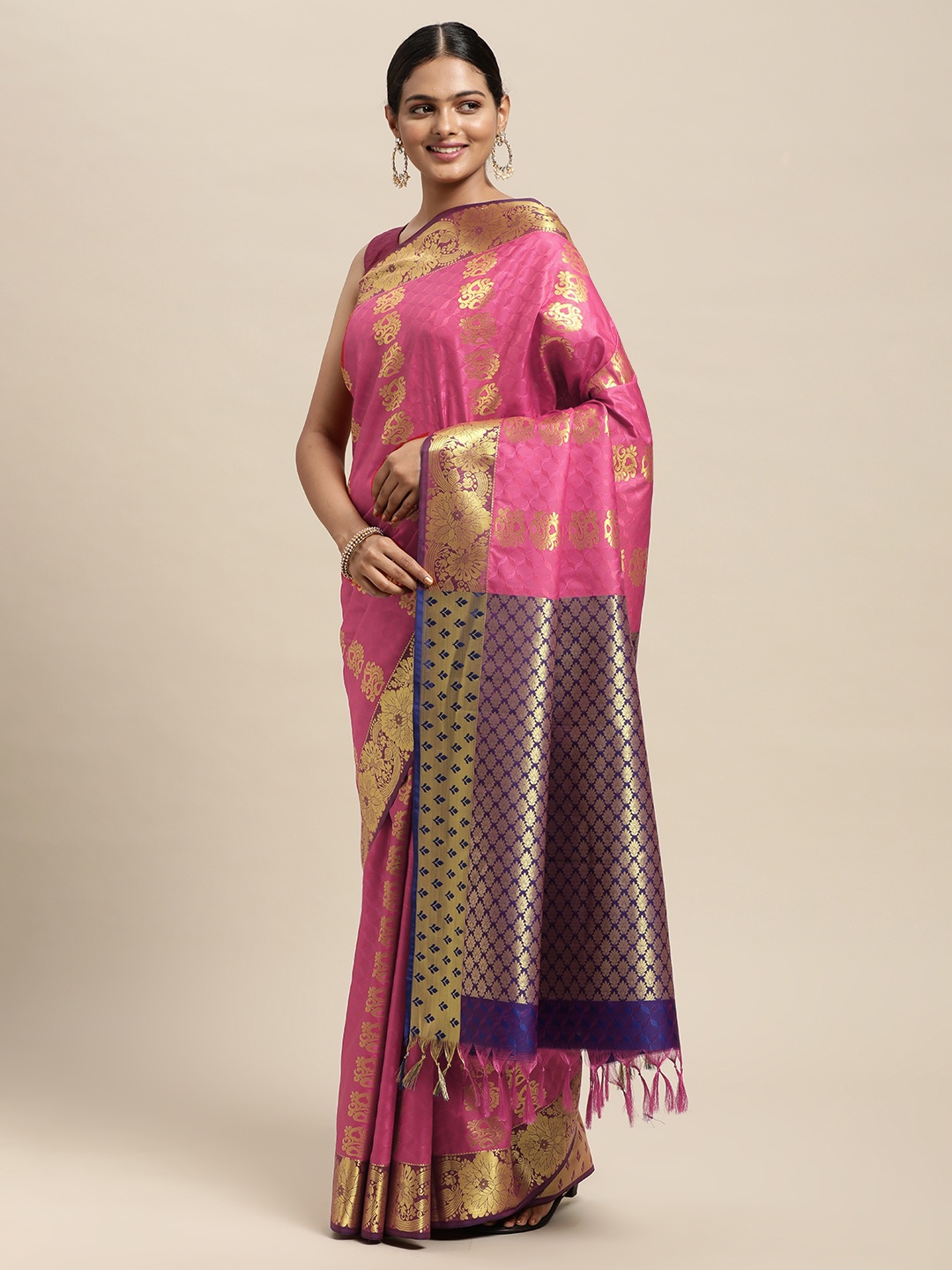 

Thara Sarees Pink Ethnic Motifs Zari Art Silk Kanjeevaram Saree