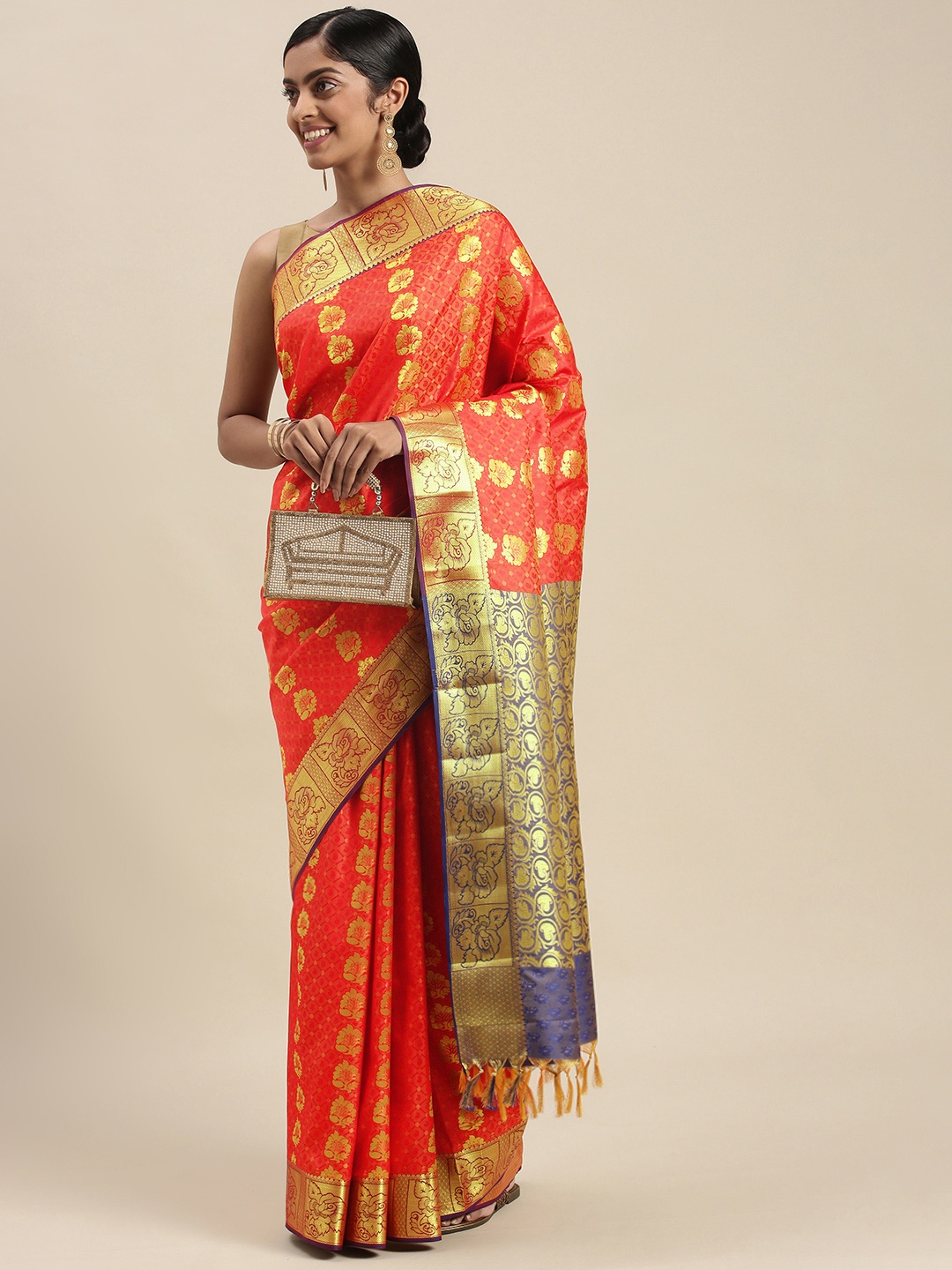 

Thara Sarees Orange & Golden Ethnic Motifs Zari Art Silk Kanjeevaram Saree