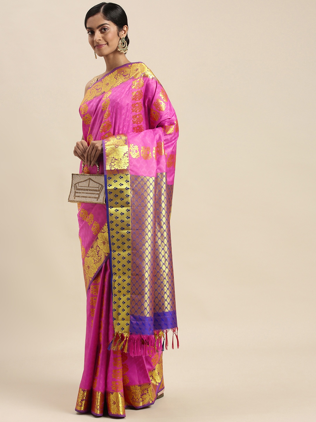 

Thara Sarees Pink & Golden Ethnic Motifs Zari Art Silk Kanjeevaram Saree