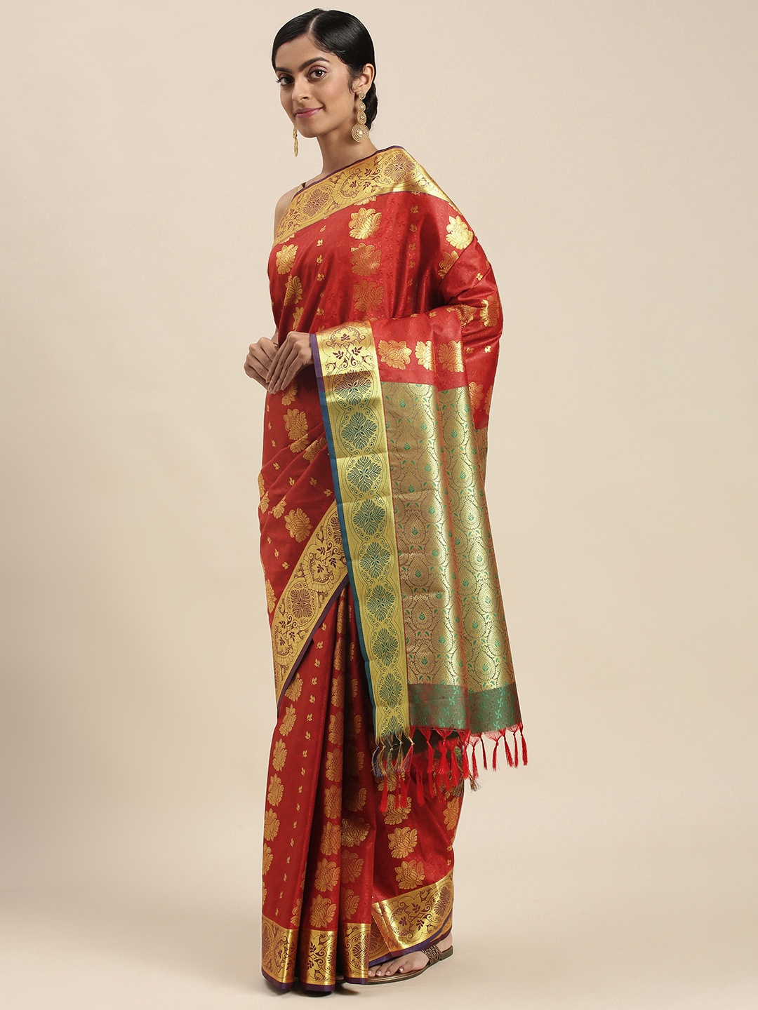 

Thara Sarees Maroon & Golden Ethnic Motifs Zari Art Silk Kanjeevaram Saree