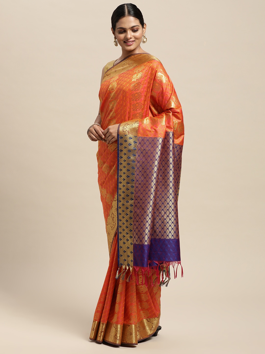 

Thara Sarees Orange Ethnic Motifs Zari Art Silk Kanjeevaram Saree