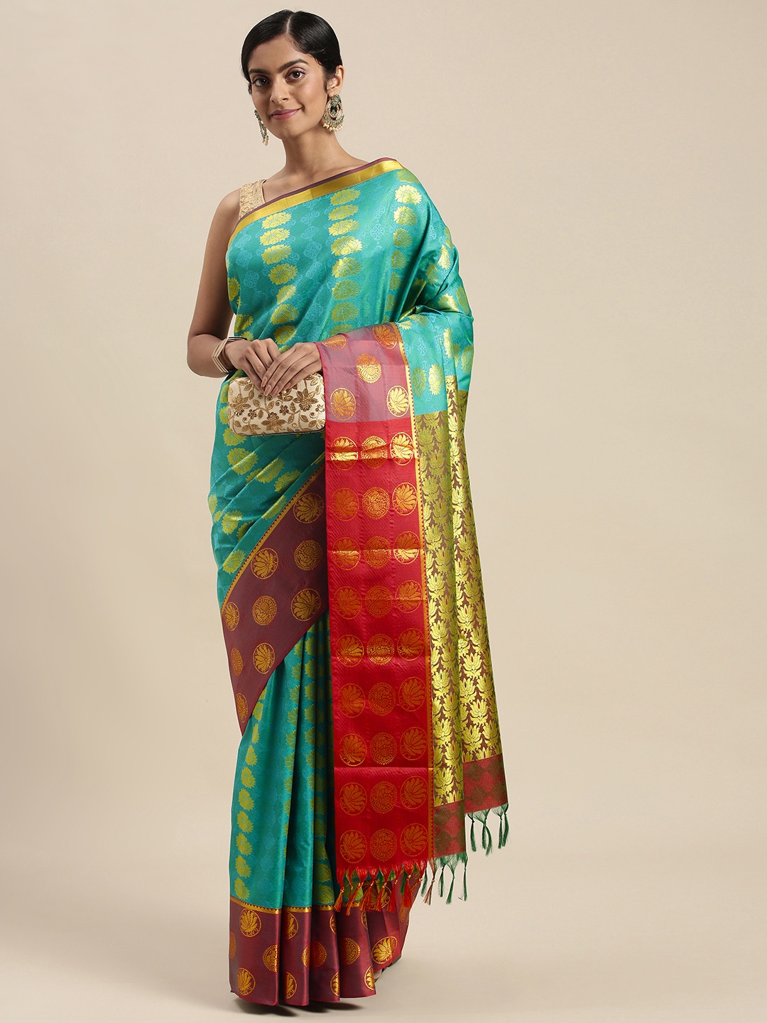 

Thara Sarees Turquoise Blue & Golden Ethnic Motifs Zari Art Silk Kanjeevaram Saree