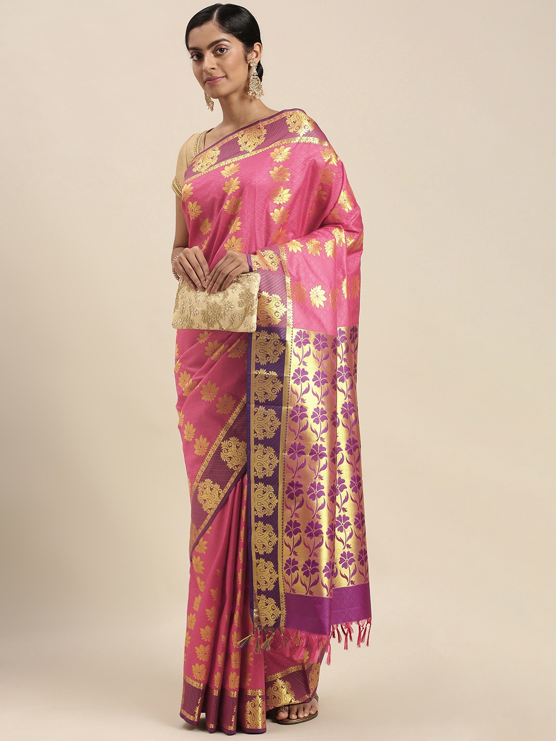 

Thara Sarees Pink & Golden Ethnic Motifs Zari Art Silk Kanjeevaram Saree
