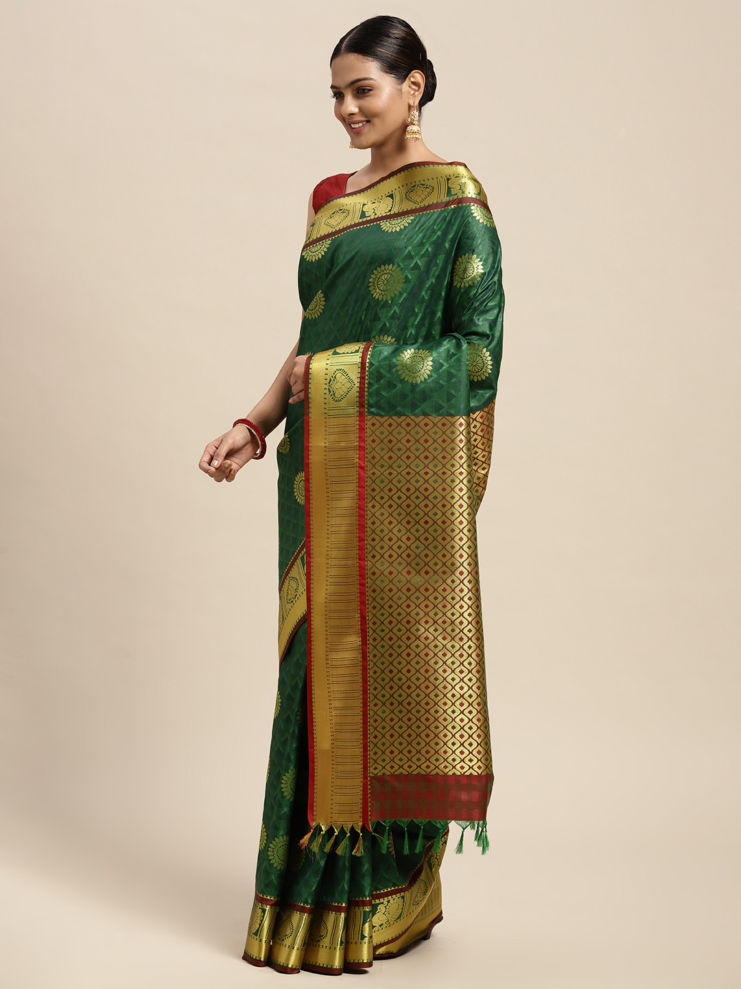 

Thara Sarees Green Ethnic Motifs Zari Art Silk Kanjeevaram Saree
