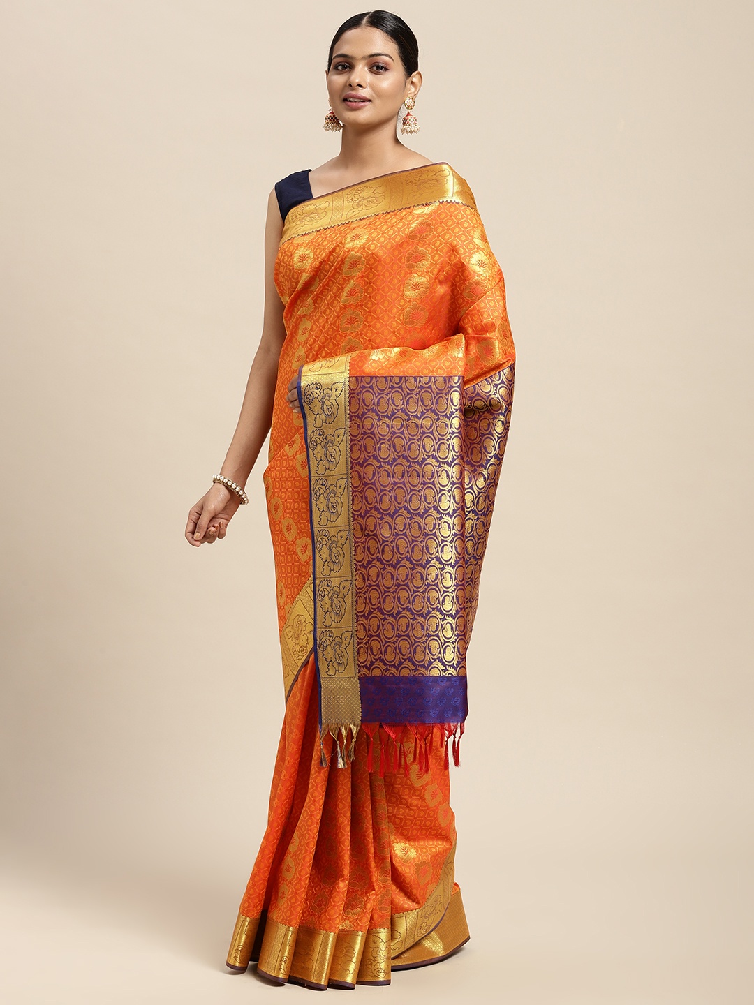 

Thara Sarees Orange Ethnic Motifs Zari Art Silk Kanjeevaram Saree