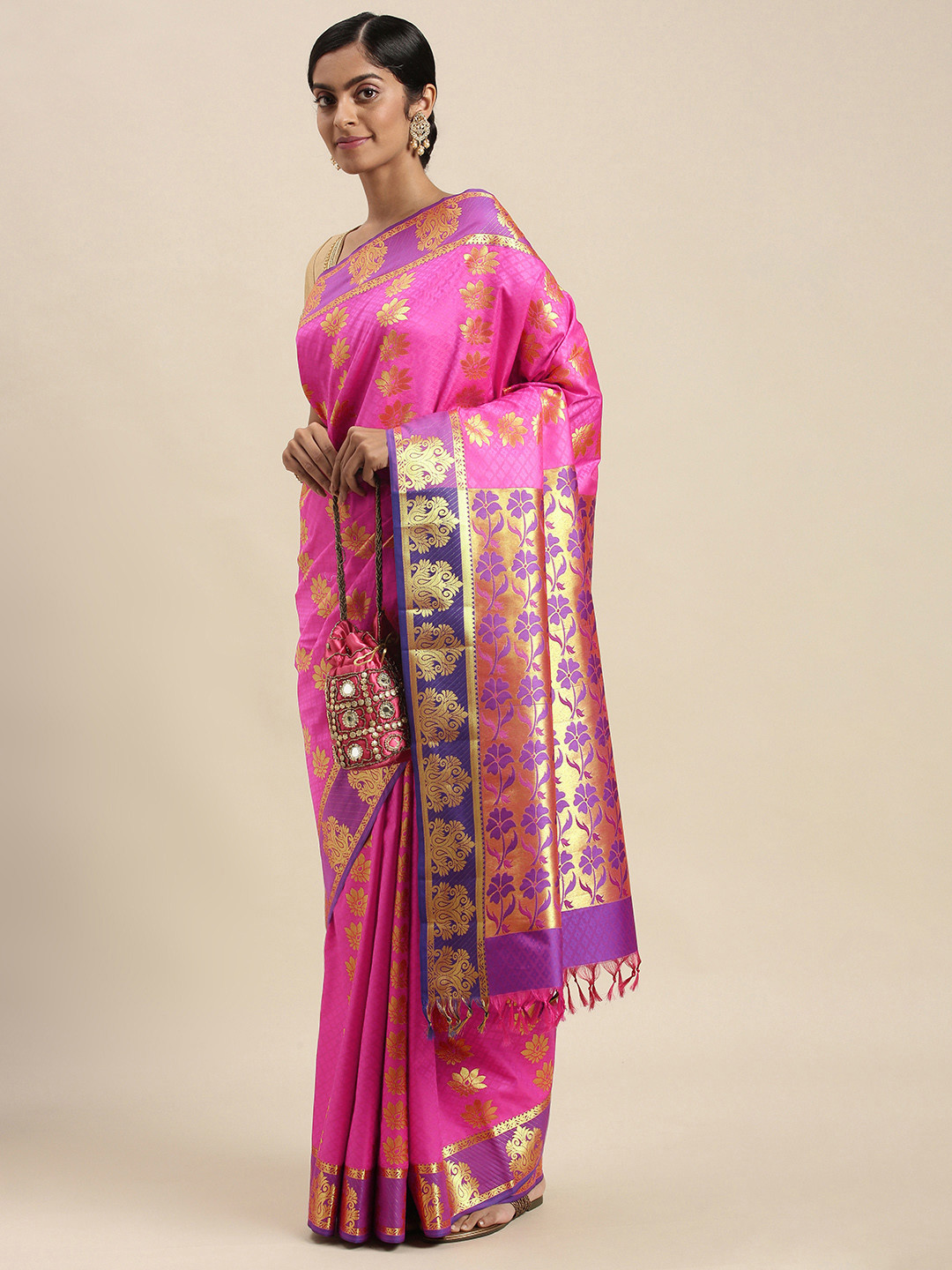 

Thara Sarees Pink & Golden Ethnic Motifs Zari Art Silk Kanjeevaram Saree