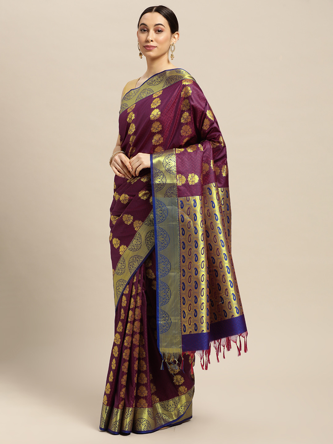 

Thara Sarees Maroon Ethnic Motifs Zari Art Silk Kanjeevaram Saree